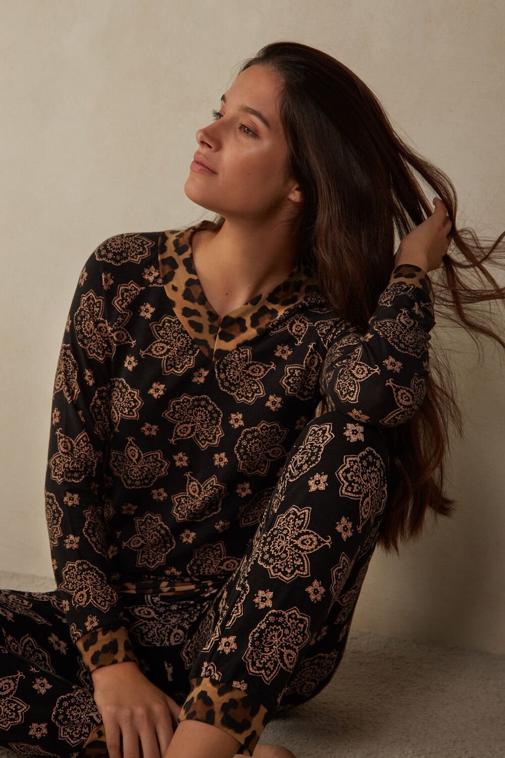 Print - 146j - Black Paisley / Animal Print Intimissimi Lady Animalier Long Sleeve Modal Top | PFAH-50914