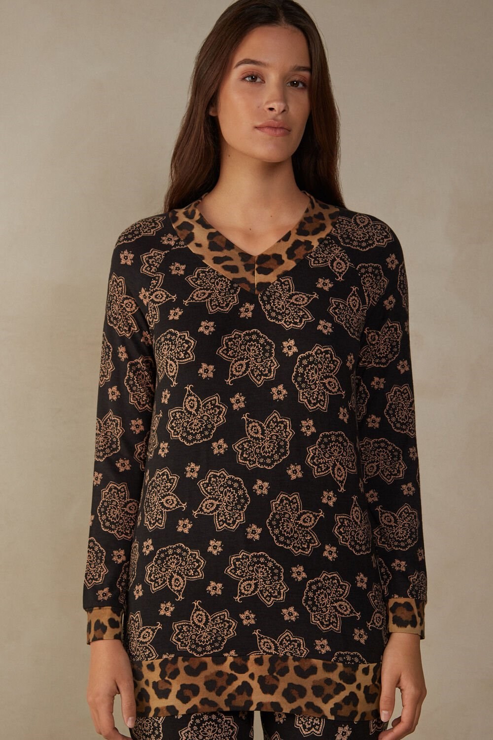 Print - 146j - Black Paisley / Animal Print Intimissimi Lady Animalier Long Sleeve Modal Top | PFAH-50914