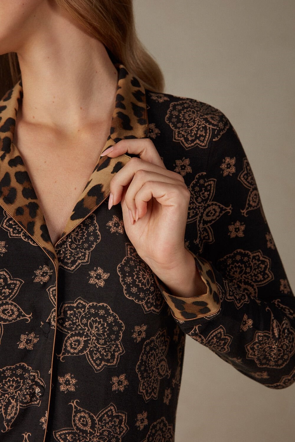 Print - 146j - Black Paisley / Animal Print Intimissimi Lady Animalier Modal Shirt | WABL-96243