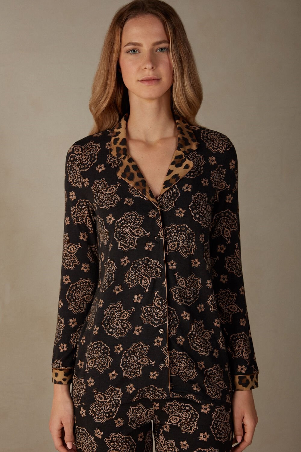 Print - 146j - Black Paisley / Animal Print Intimissimi Lady Animalier Modal Shirt | WABL-96243