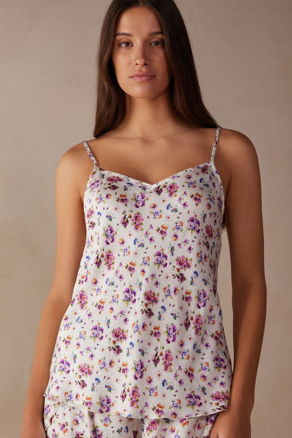 Print - 208j - White Spring Bouquet Print Intimissimi Dreaming of Spring Satin Top | WLOE-93408