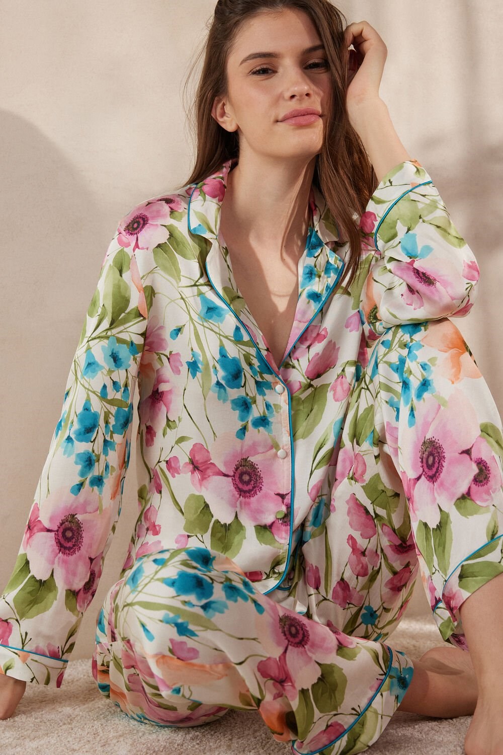 Print - 228j - Botanical Lyrics Print Intimissimi Botanical Lyrics Satin Button Up Shirt | IVAQ-76458