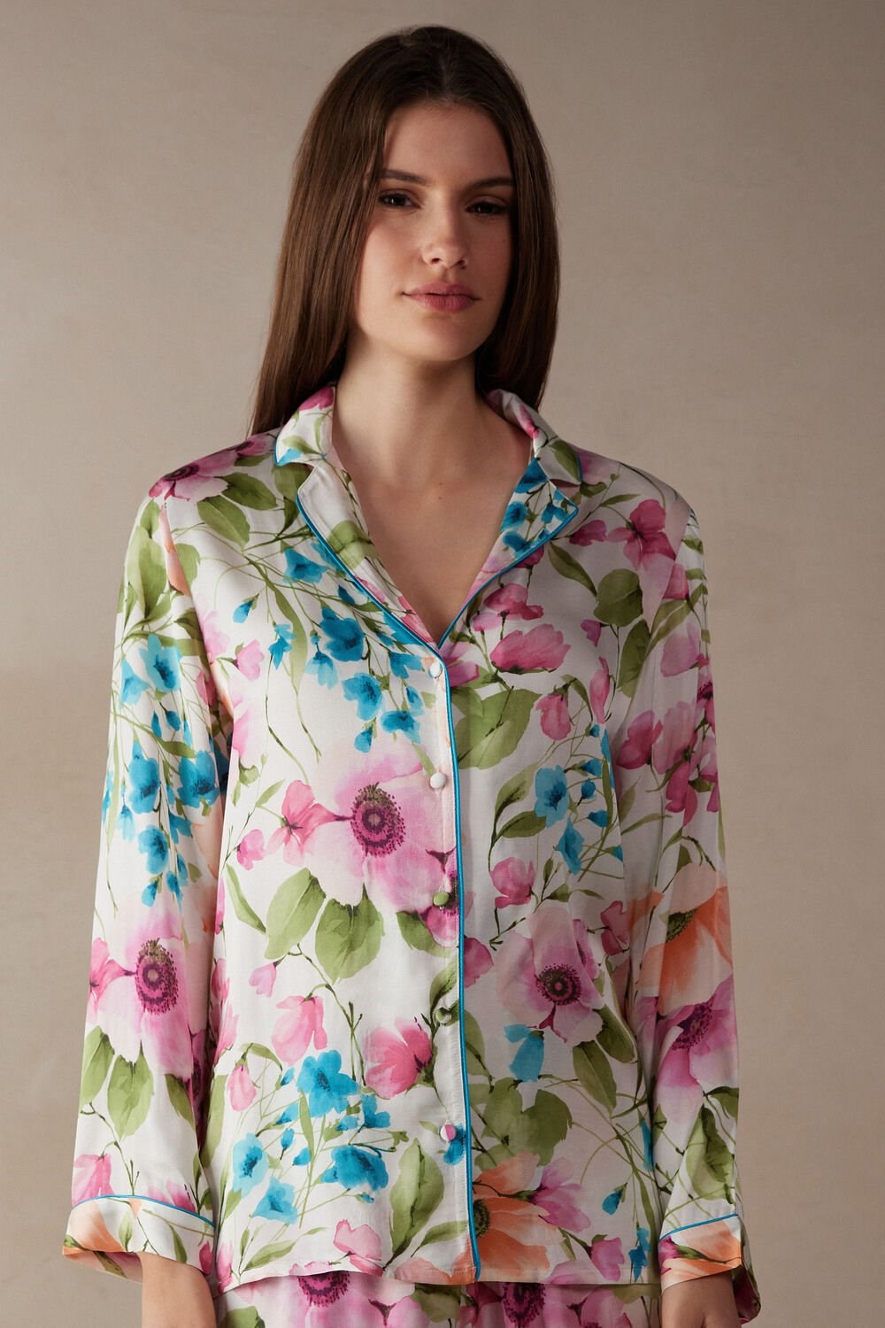 Print - 228j - Botanical Lyrics Print Intimissimi Botanical Lyrics Satin Button Up Shirt | IVAQ-76458