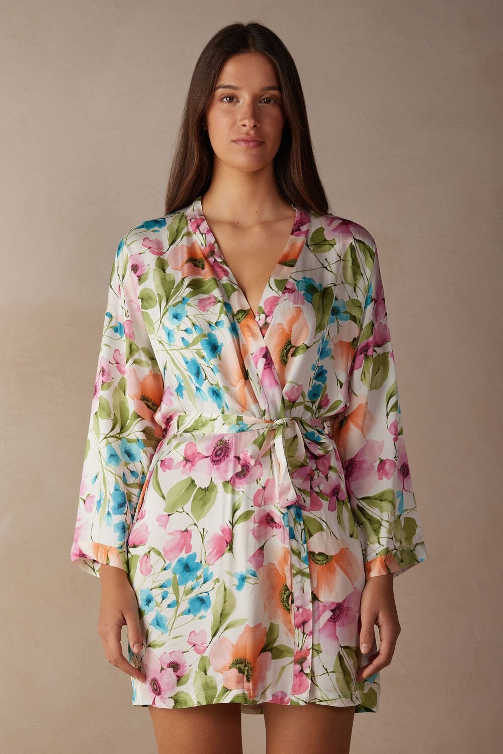 Print - 228j - Botanical Lyrics Print Intimissimi Botanical Lyrics Satin Kimono | JHRA-96243