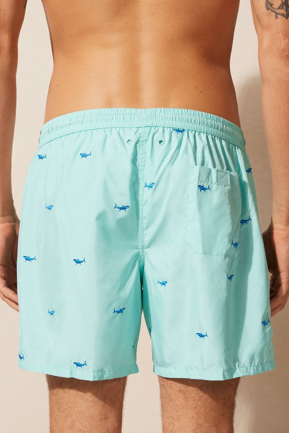 Print - 256j - Aqua Green Shark Embroidery Intimissimi Embroidered Shark Swim Trunks | RUKC-86170