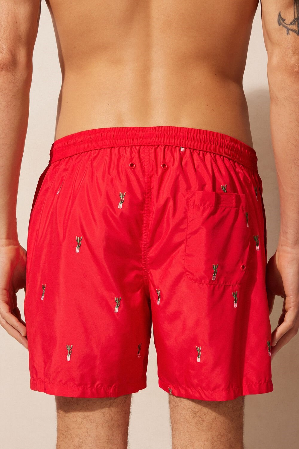 Print - 258j - Red Cactus Embroidery Intimissimi Embroidered Cactus Swim Trunks | UPBH-10835