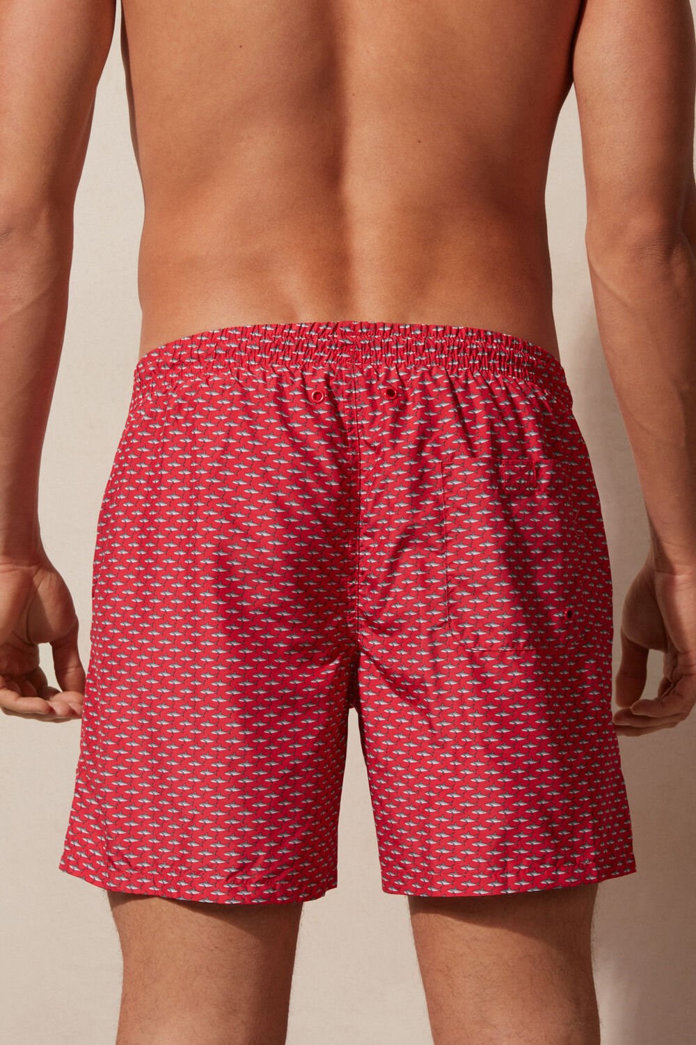 Print - 268j - Red Shark Microprint Intimissimi Micro Shark Print Swim Trunks | NTYR-48063