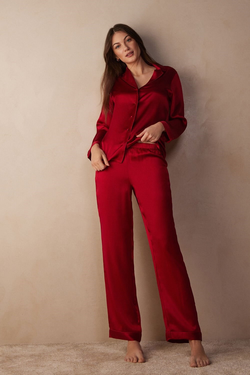 Red - 1473 - Red Intimissimi Silk Satin Pajama Pants | LMBD-23687