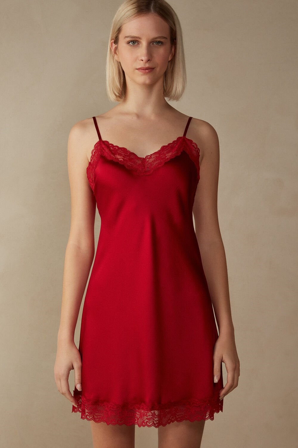 Red - 1473 - Red Intimissimi Silk Slip with Lace Insert Detail | IFWA-54367