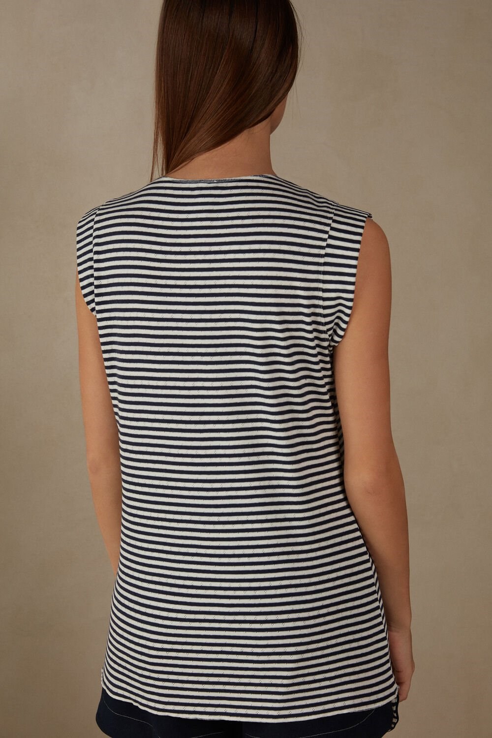 Stripes - 900i - Ecru Beige / Blue Intimissimi My Comfort Zone Sleeveless Top in Perforated Cotton | HETP-36790