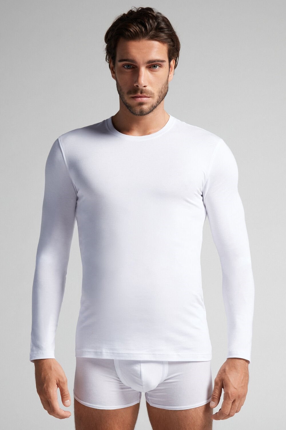 White - 001 - White Intimissimi Long-Sleeve Stretch Supima Cotton Top | UJST-94657