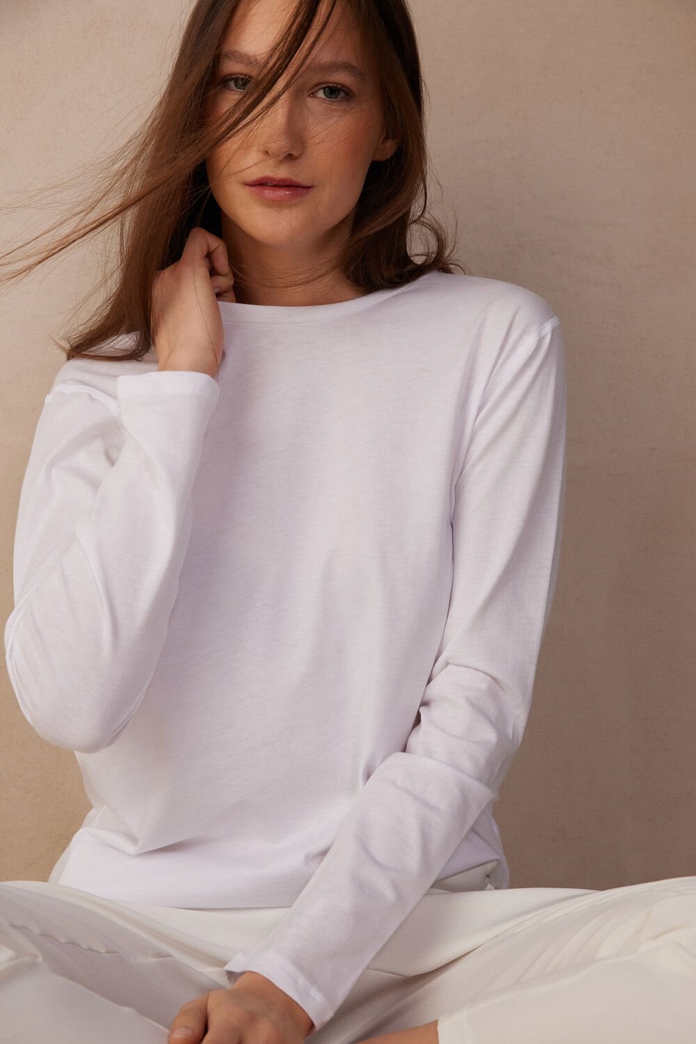 White - 001 - White Intimissimi Oversized Long Sleeve Top in Supima® Cotton | WXDT-92601