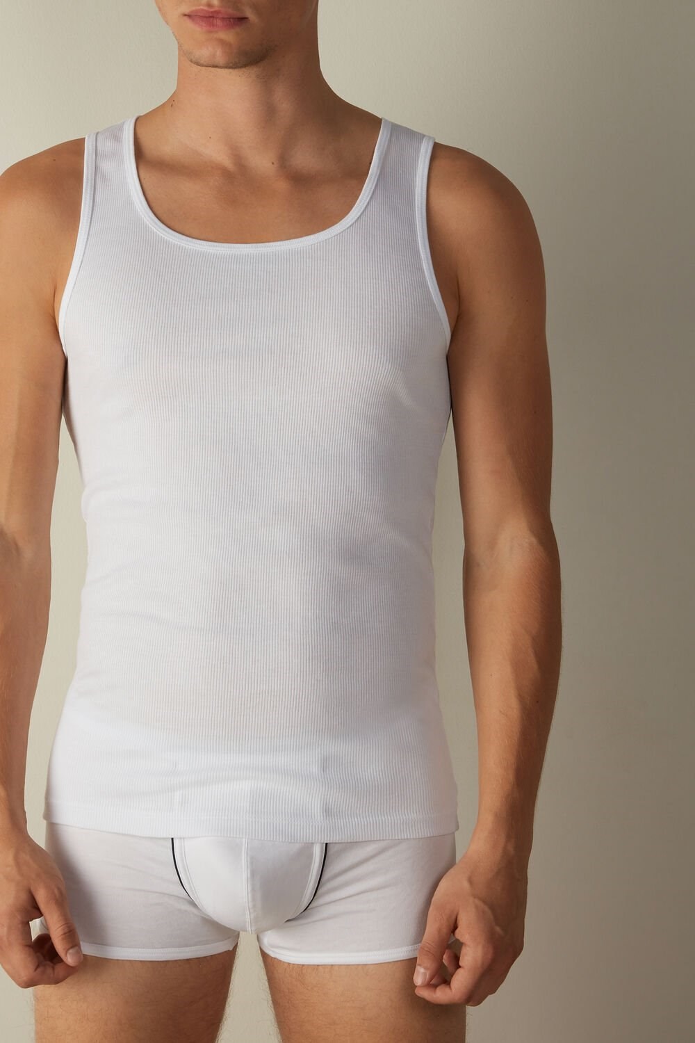 White - 001 - White Intimissimi Ribbed Supima Cotton Tank Top | KWNE-27605