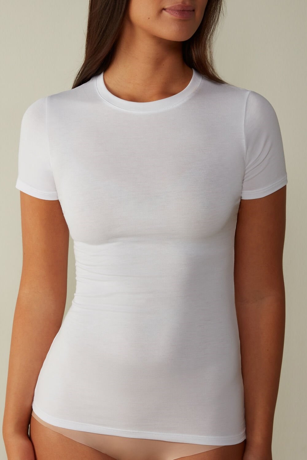 White - 001 - White Intimissimi Short-Sleeved Stretch Supima® Cotton Top | HBXR-20153