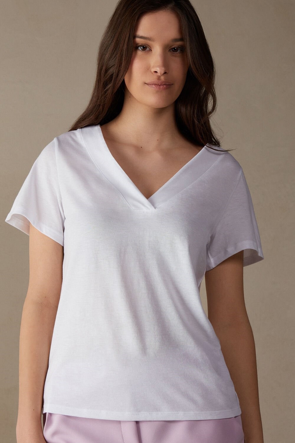 White - 001 - White Intimissimi Short Sleeve V-neck Top in Supima® Ultrafresh Cotton | OQUT-86720