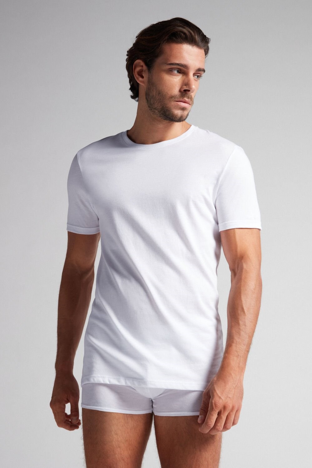 White - 001 - White Intimissimi Short Sleeve Crew Neck T Shirt in Supima® Cotton | XTDK-30941