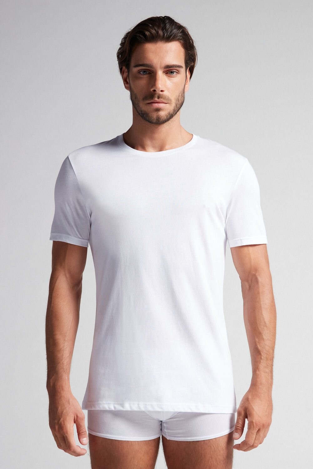 White - 001 - White Intimissimi Short Sleeve Crew Neck T Shirt in Supima® Cotton | XTDK-30941