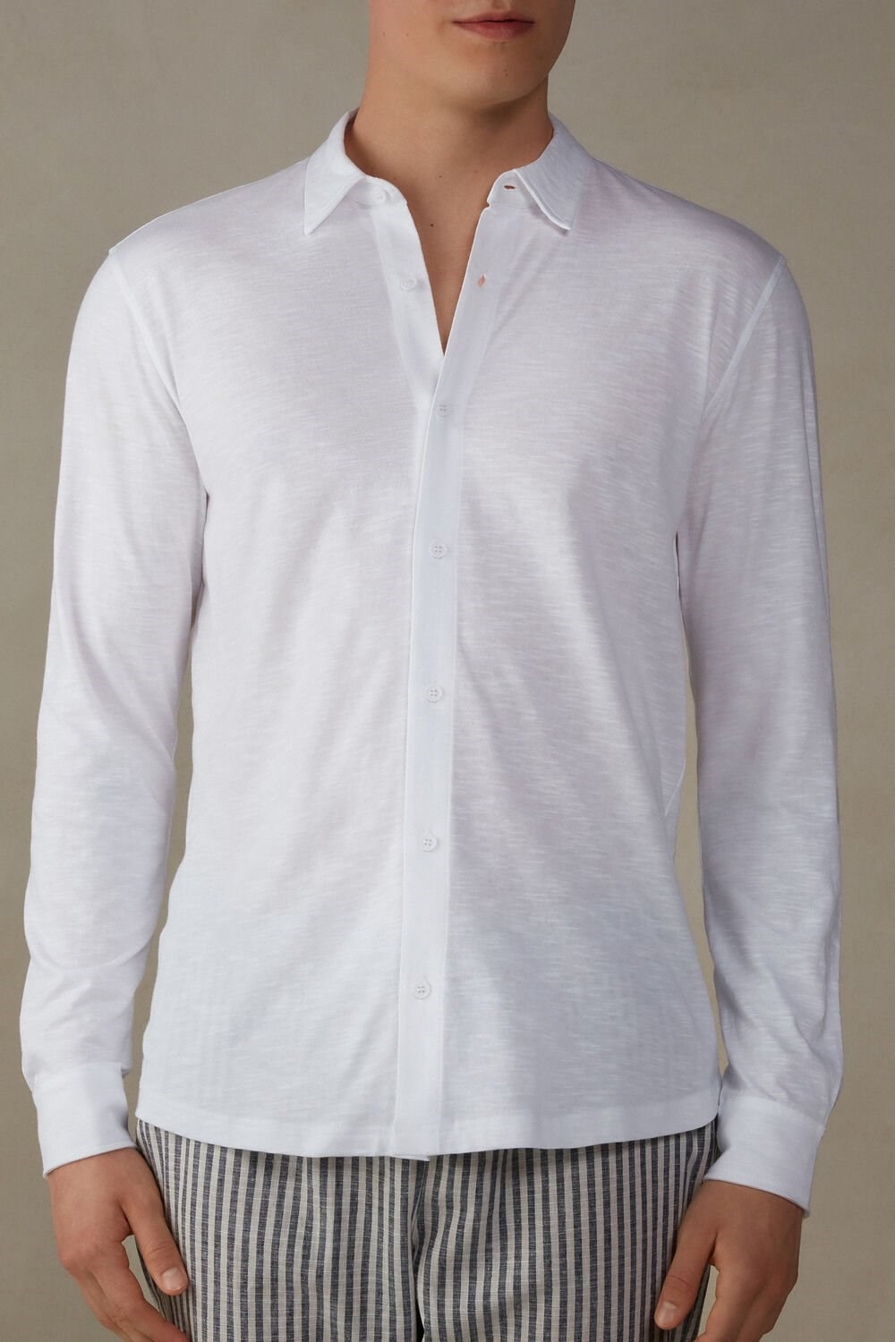 White - 001 - White Intimissimi Slub Cotton Long Sleeve Shirt | BPXD-71452