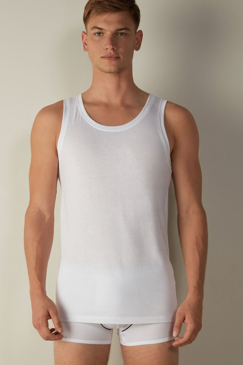 White - 001 - White Intimissimi Supima Cotton Crew Neck Tank Top | ANQZ-02458