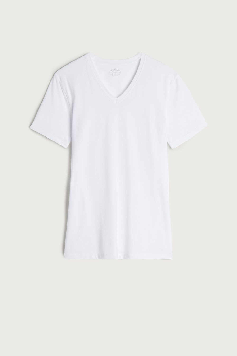 White - 001 - White Intimissimi V-neck T-shirt in Stretch Supima® Cotton | PRZC-08591