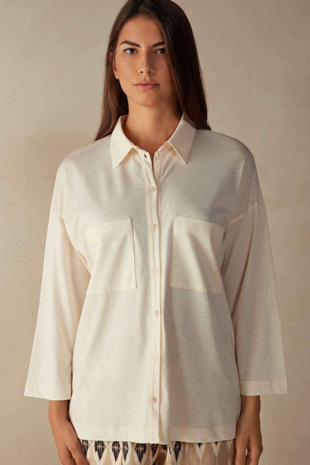 White - 005j - Light Beige Intimissimi Urban Nomad Cotton Shirt | APCD-81276