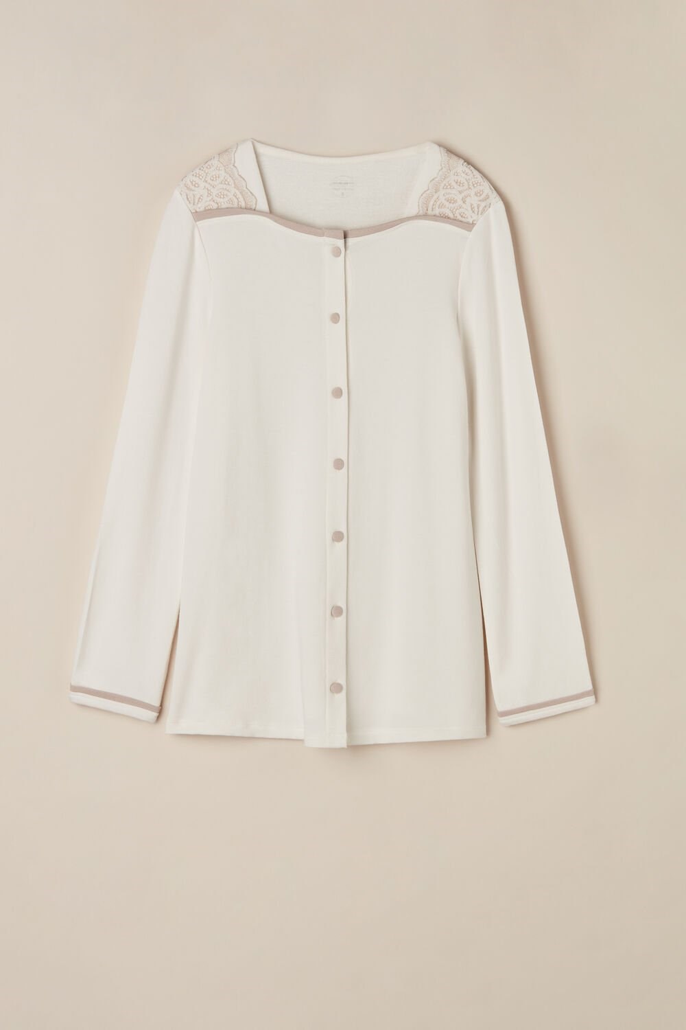 White - 157j - Powder White / Dusty Pink Intimissimi Romantic Bedroom Button Up Top in Modal with Wool | ERIZ-26895