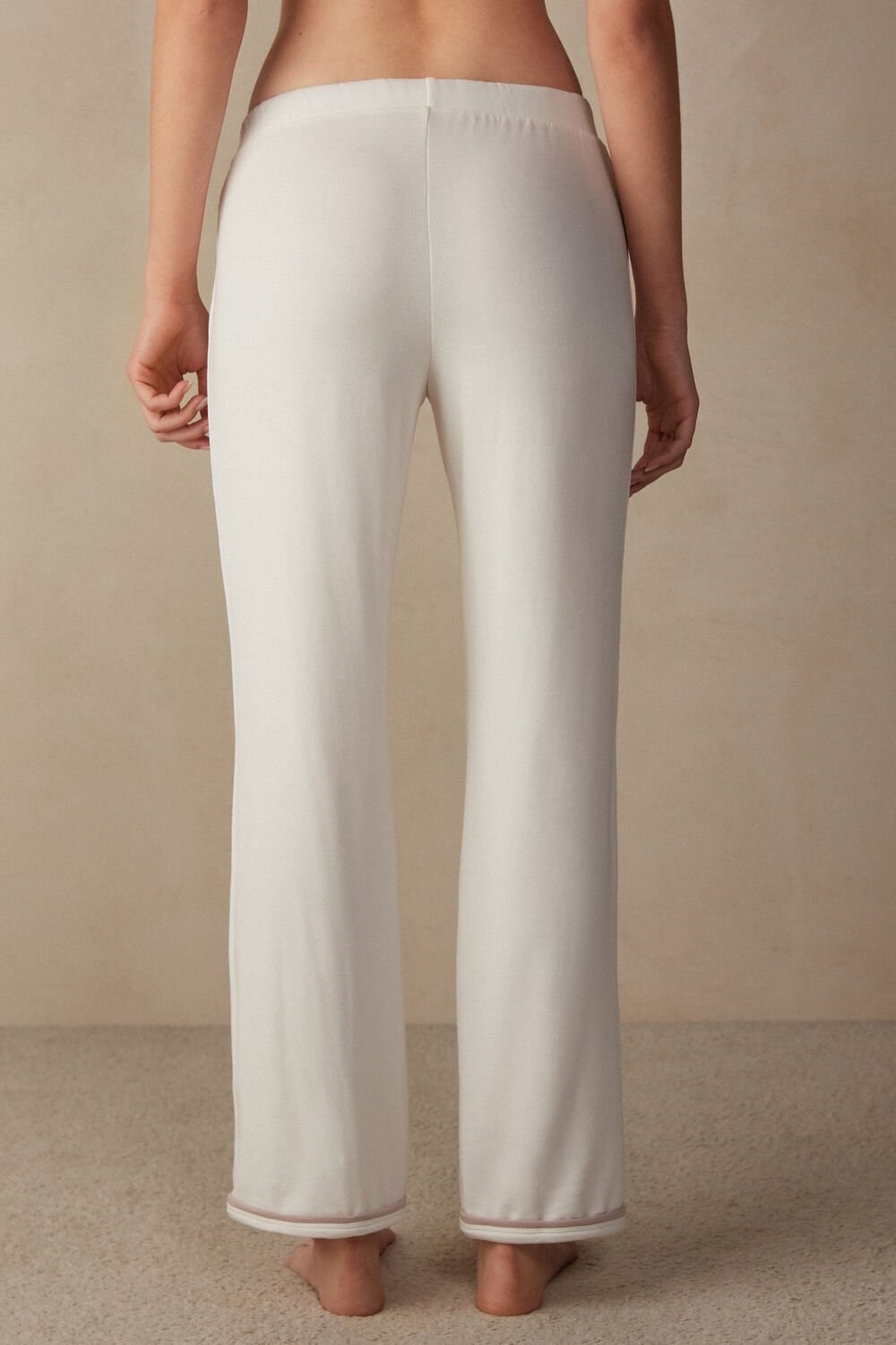 White - 157j - Powder White / Dusty Pink Intimissimi Romantic Bedroom Full Length Pants in Modal with Wool | VEAL-72430