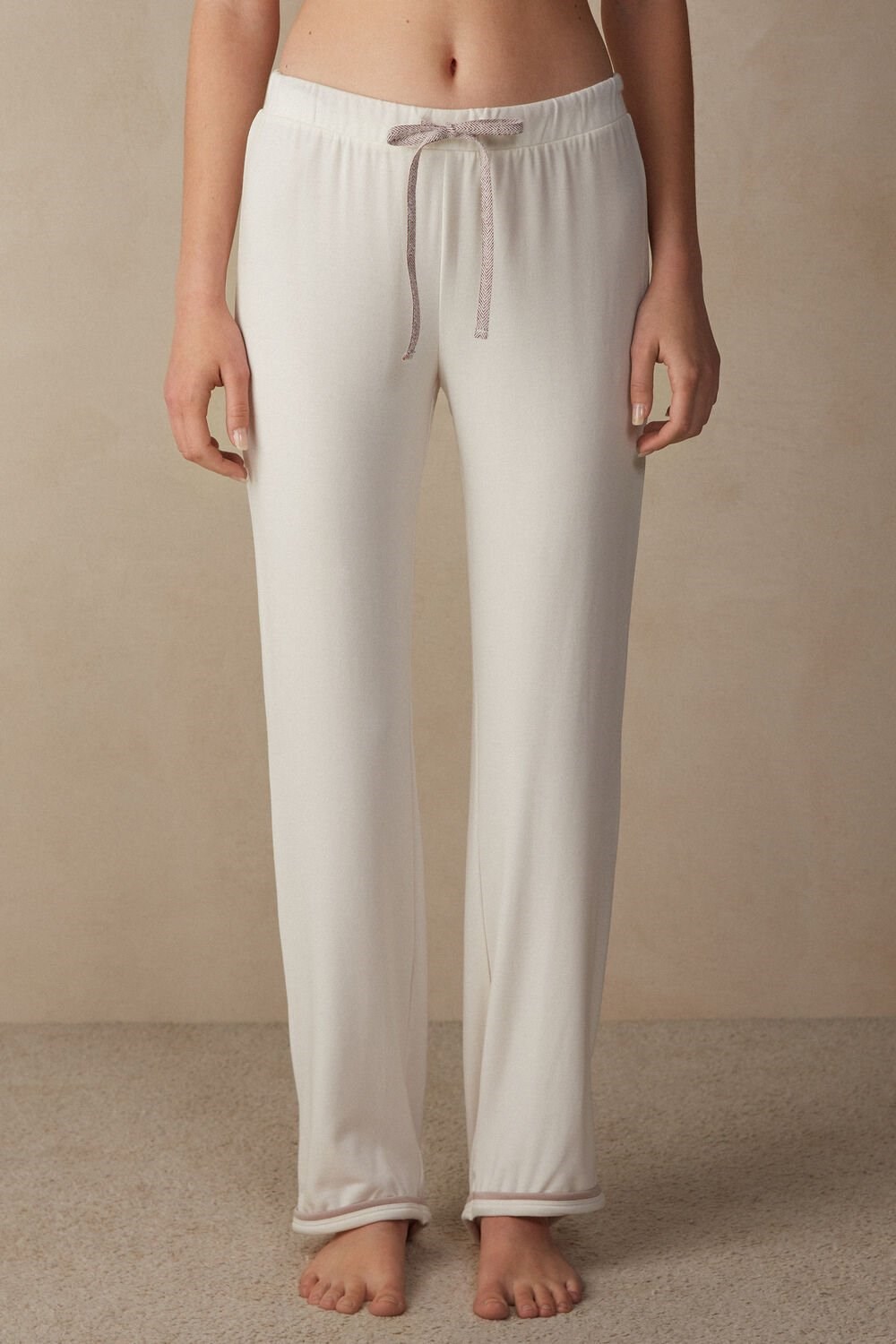 White - 157j - Powder White / Dusty Pink Intimissimi Romantic Bedroom Full Length Pants in Modal with Wool | VEAL-72430