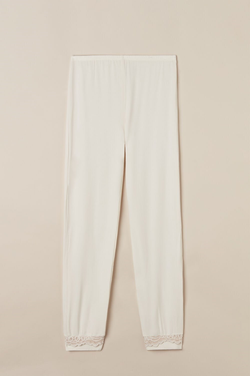 White - 157j - Powder White / Dusty Pink Intimissimi Romantic Bedroom Cuffed Full Length Pants in Modal with Wool | VWJO-90762