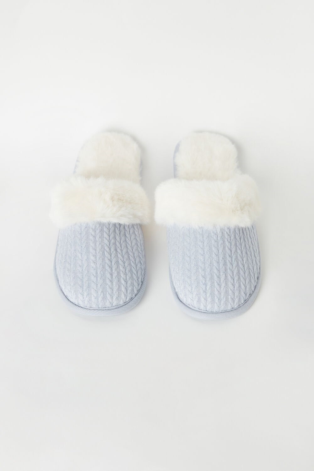 White - 161j - Light Blue Intimissimi Ribbed Velvet Slippers with Faux Fur | OELA-18523