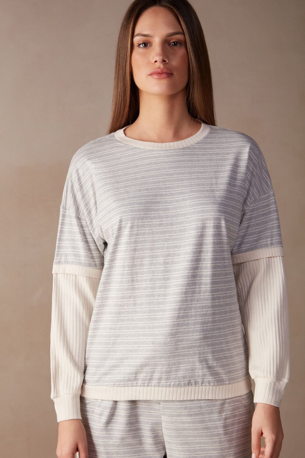 White - 224j - Heather Gray / Vanilla Beige Stripe Intimissimi Casual Sunday Long Sleeve Top | ALBZ-58941