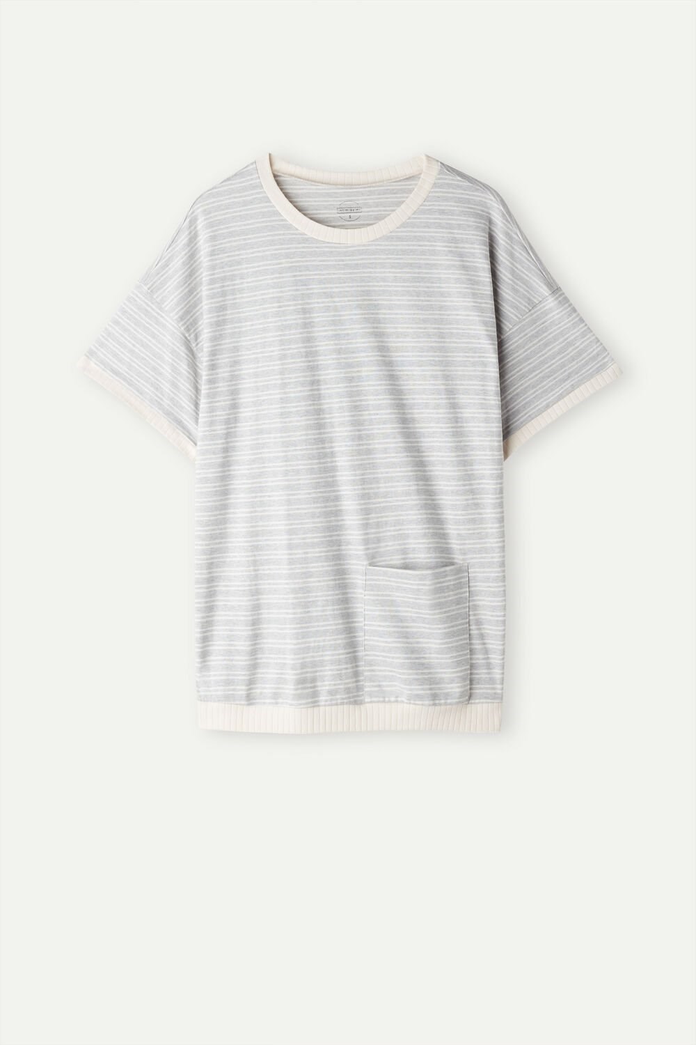 White - 224j - Heather Gray / Vanilla Beige Stripe Intimissimi Casual Sunday Short Sleeve Top | GMTS-24683