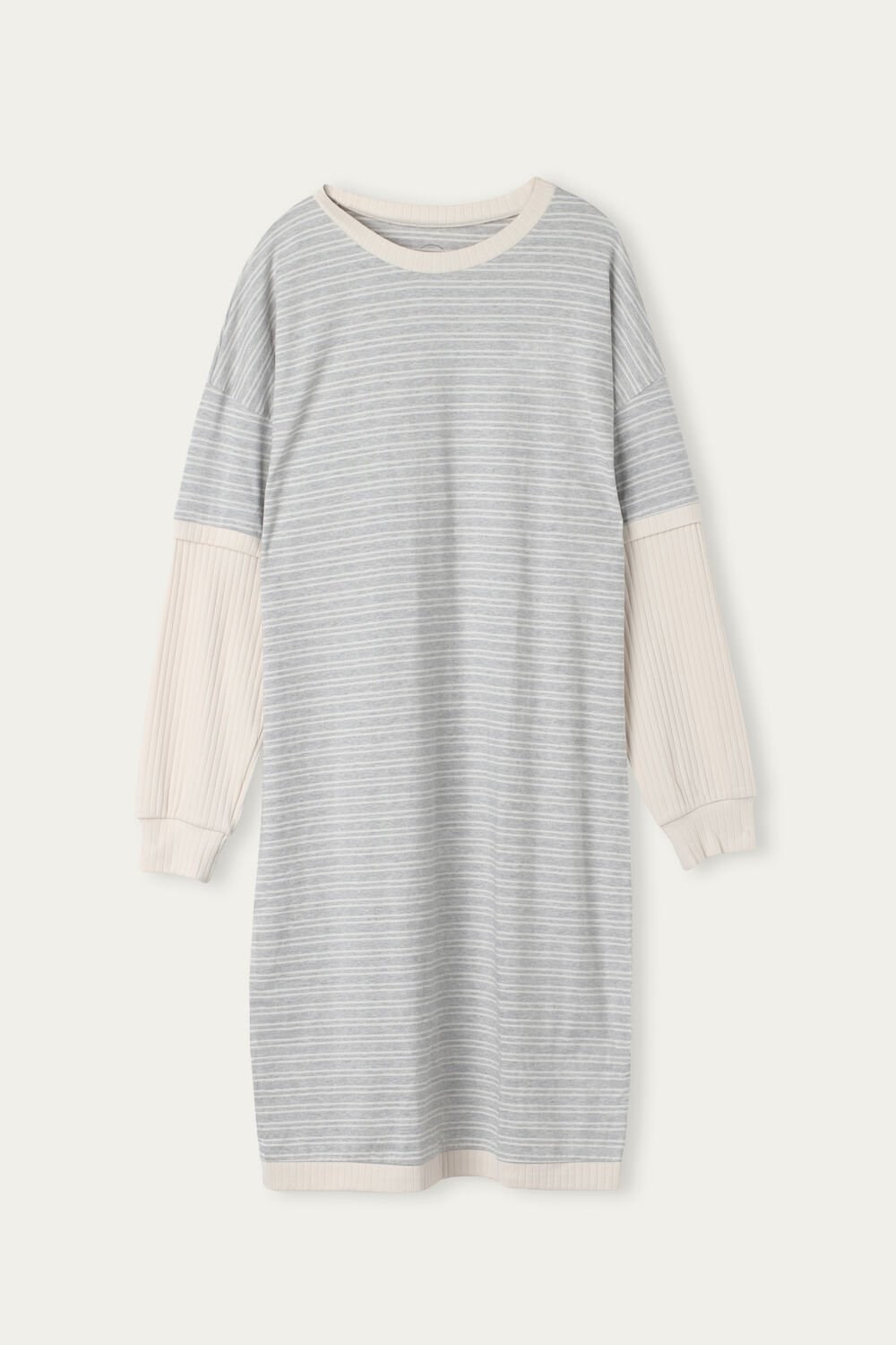 White - 224j - Heather Gray / Vanilla Beige Stripe Intimissimi Casual Sunday Long Sleeve Nightshirt | MKYP-07349