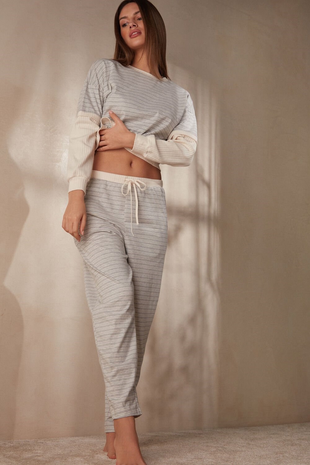 White - 224j - Heather Gray / Vanilla Beige Stripe Intimissimi Casual Sunday Full Length Pants | XCFM-36574