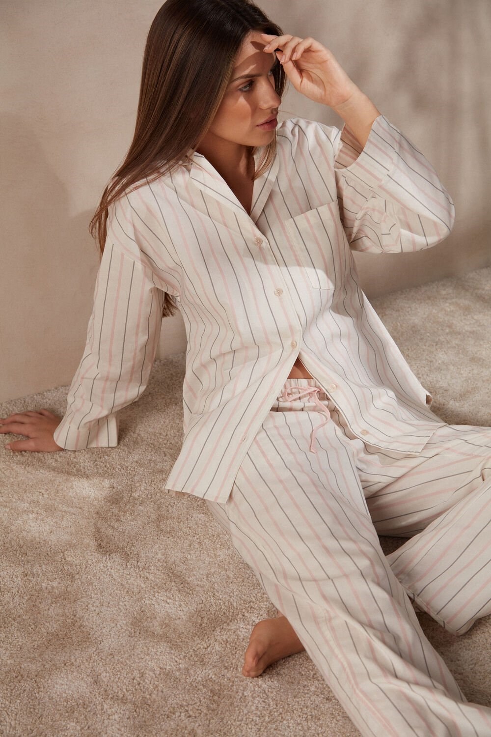 White - 225j - Ecru Beige / Pink Stripe Intimissimi Soft Spring Long Sleeve Button-Up Shirt | GJMB-83519