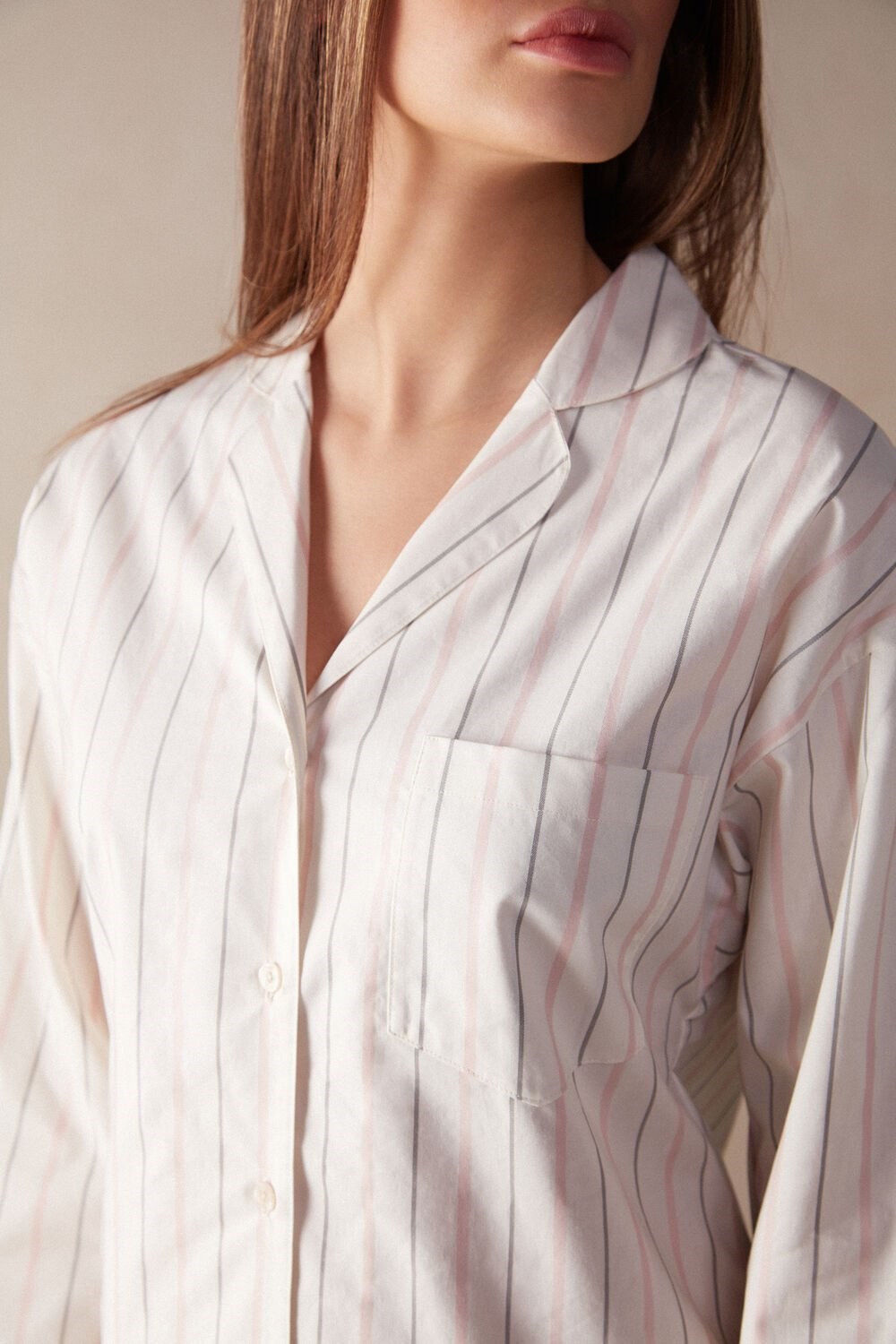 White - 225j - Ecru Beige / Pink Stripe Intimissimi Soft Spring Long Sleeve Button-Up Shirt | GJMB-83519