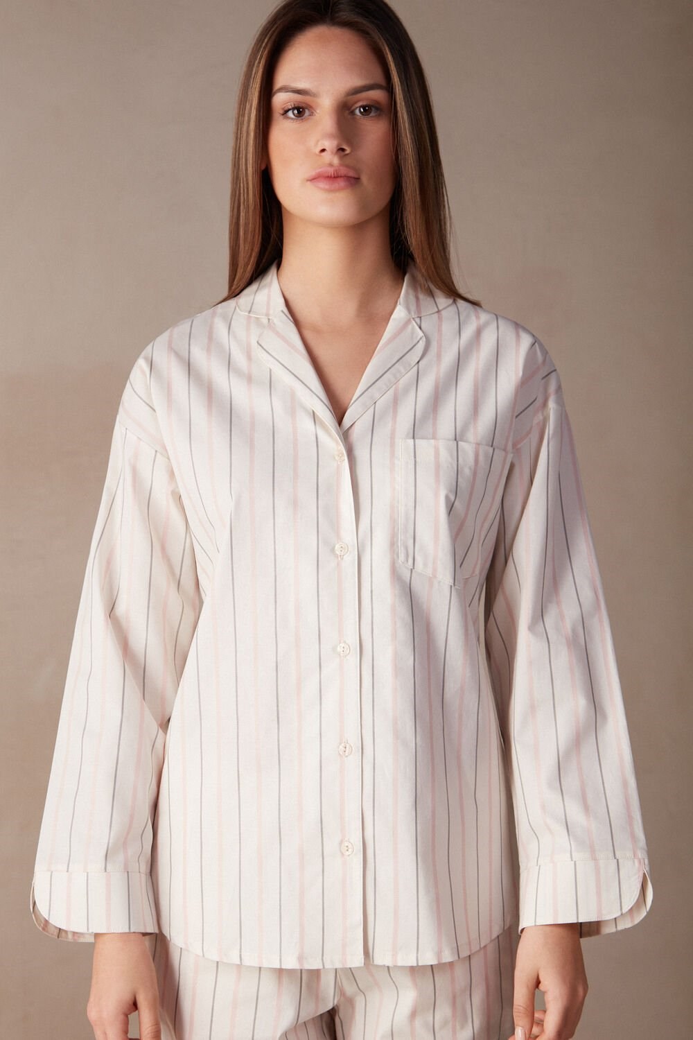 White - 225j - Ecru Beige / Pink Stripe Intimissimi Soft Spring Long Sleeve Button-Up Shirt | GJMB-83519