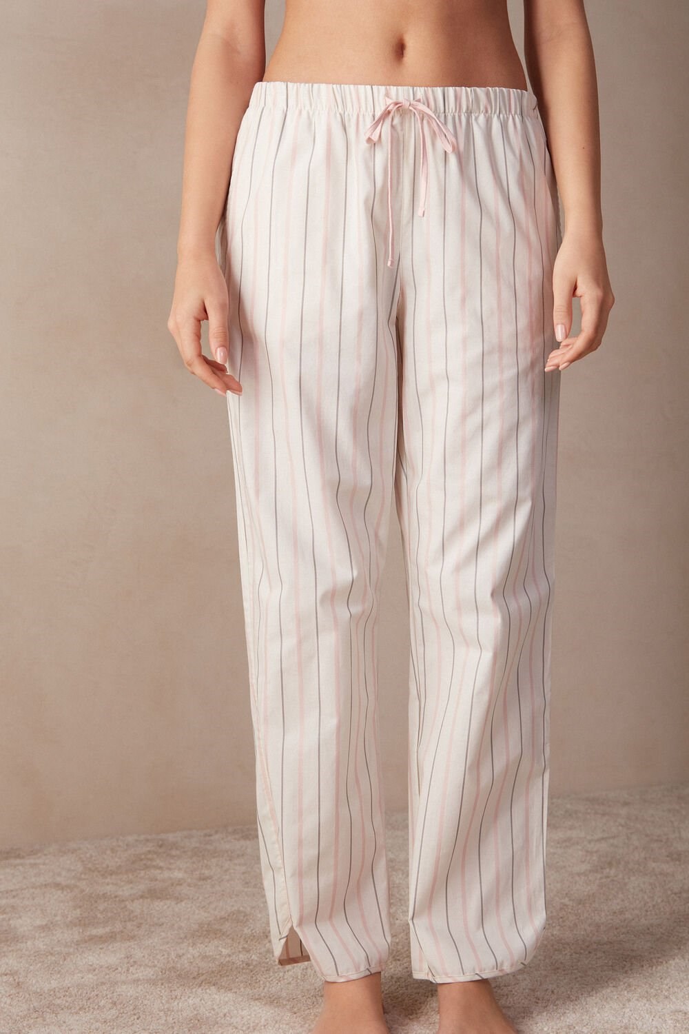 White - 225j - Ecru Beige / Pink Stripe Intimissimi Soft Spring Full Length Cotton Cloth Pants | HFXC-85432