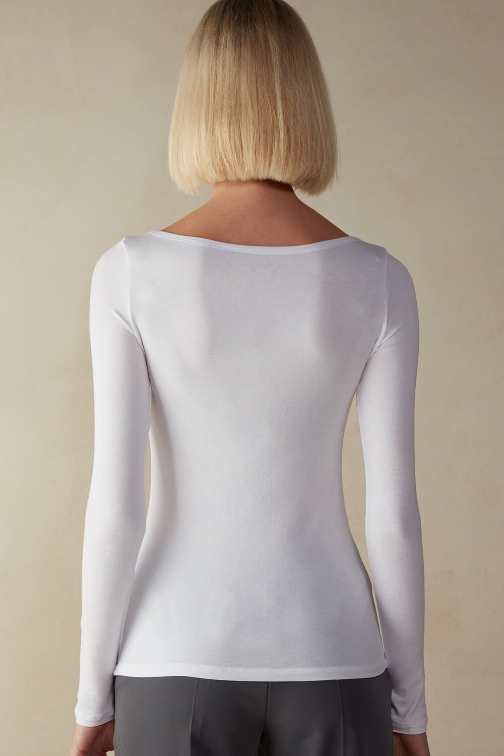 White - 7478 - Milk White Intimissimi Long Sleeve Bateau Neck Top in Micromodal | ENDV-47281