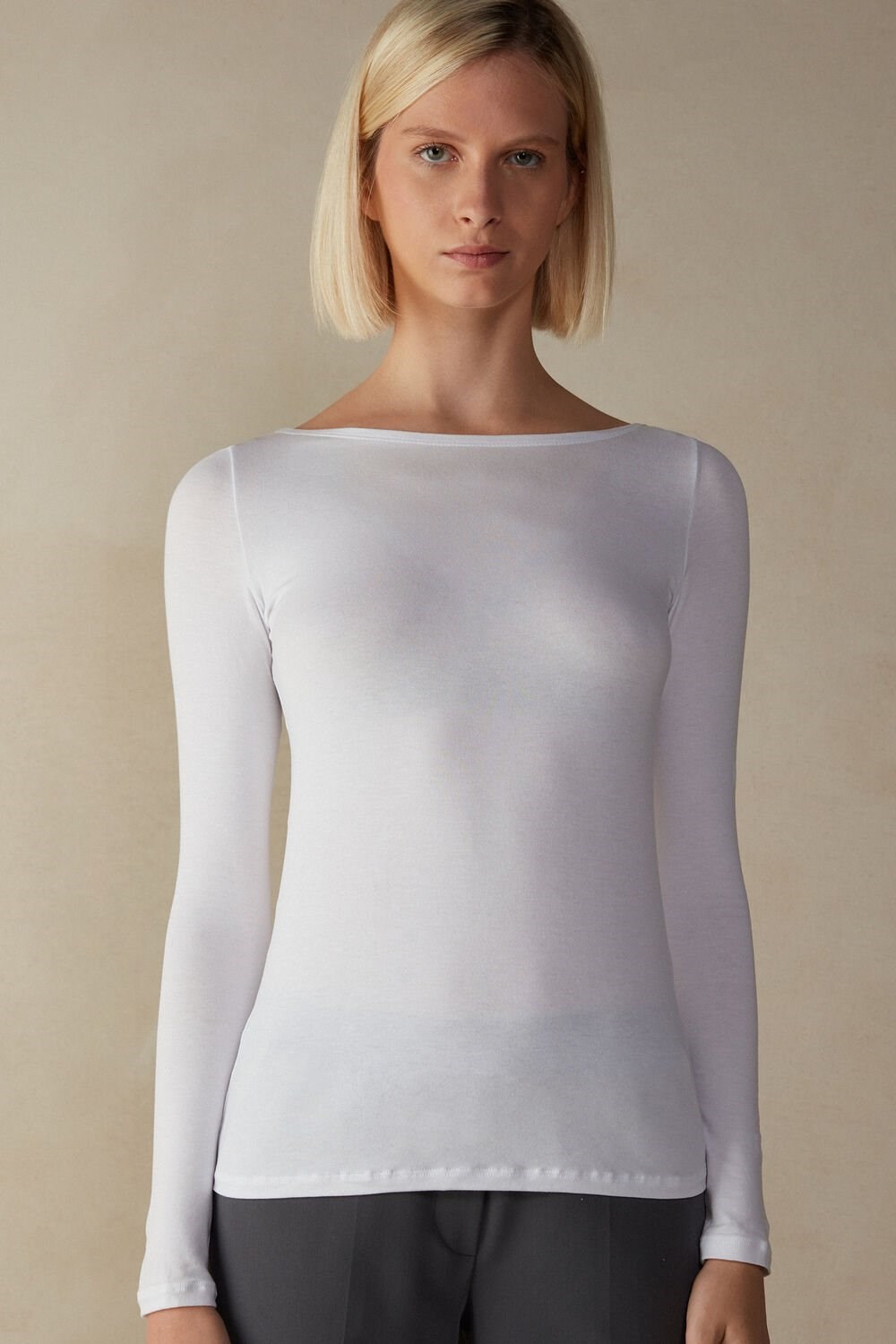 White - 7478 - Milk White Intimissimi Long Sleeve Bateau Neck Top in Micromodal | ENDV-47281