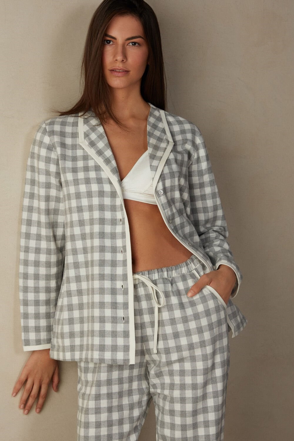 White - 896i - Heathered Grey Square / Talc Intimissimi Gingham Lover Shirt in Brushed Cloth | VJGP-09382